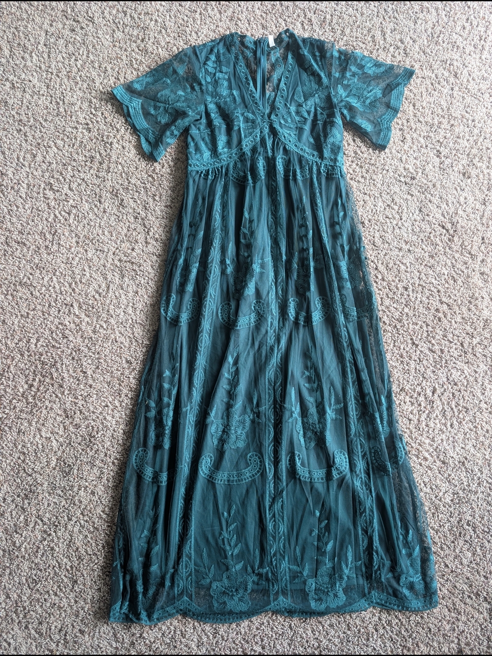 Pinkblush Dark Turquoise Lace Mesh Overlay Maternity Maxi Dress, size Small